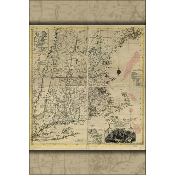 24"x36" Gallery Poster, map of New England 1776