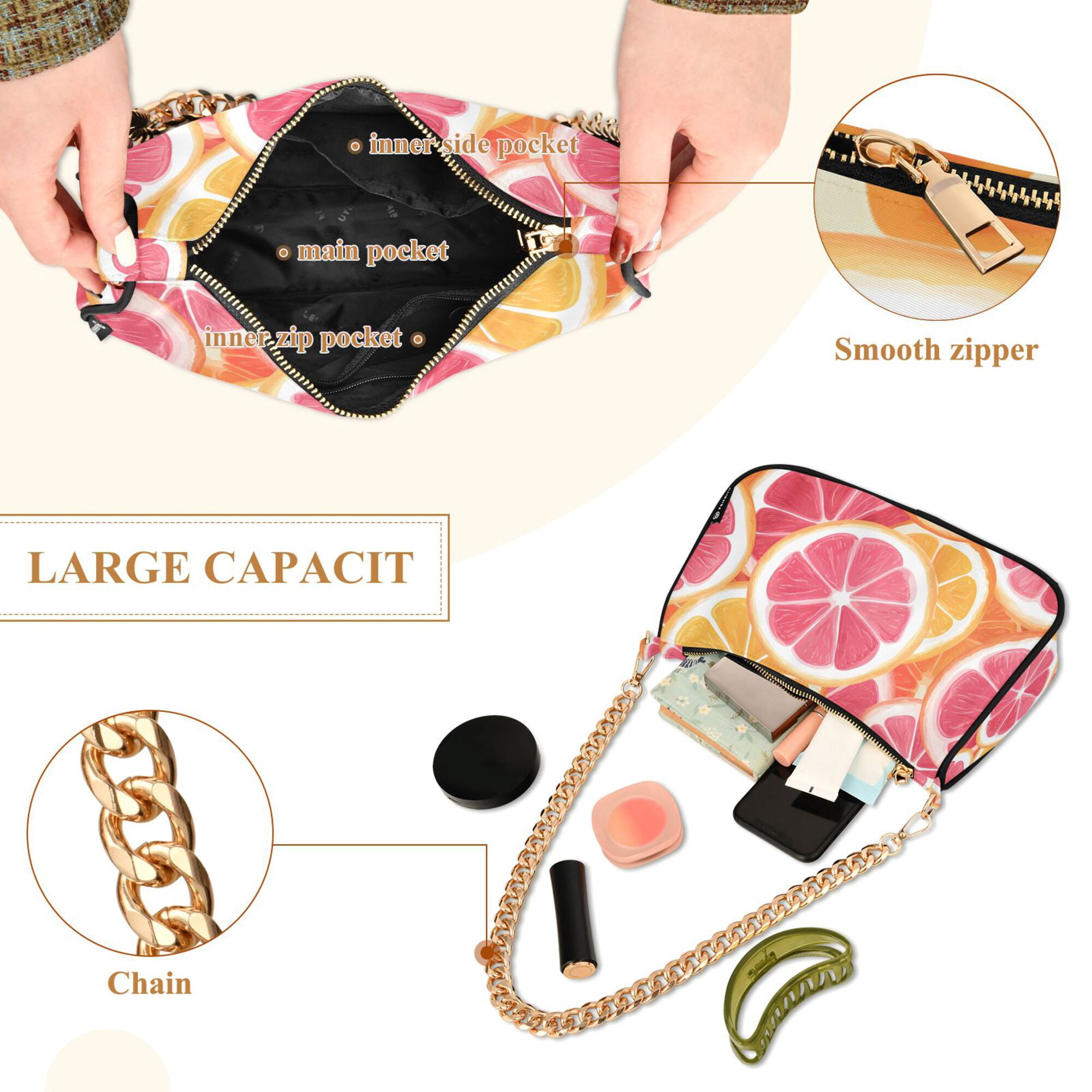 FORMRS Womens Shoulder Bag with Chain Strap Clutch Purse Cute Tote Handbag, Pink Grapefruit Slices