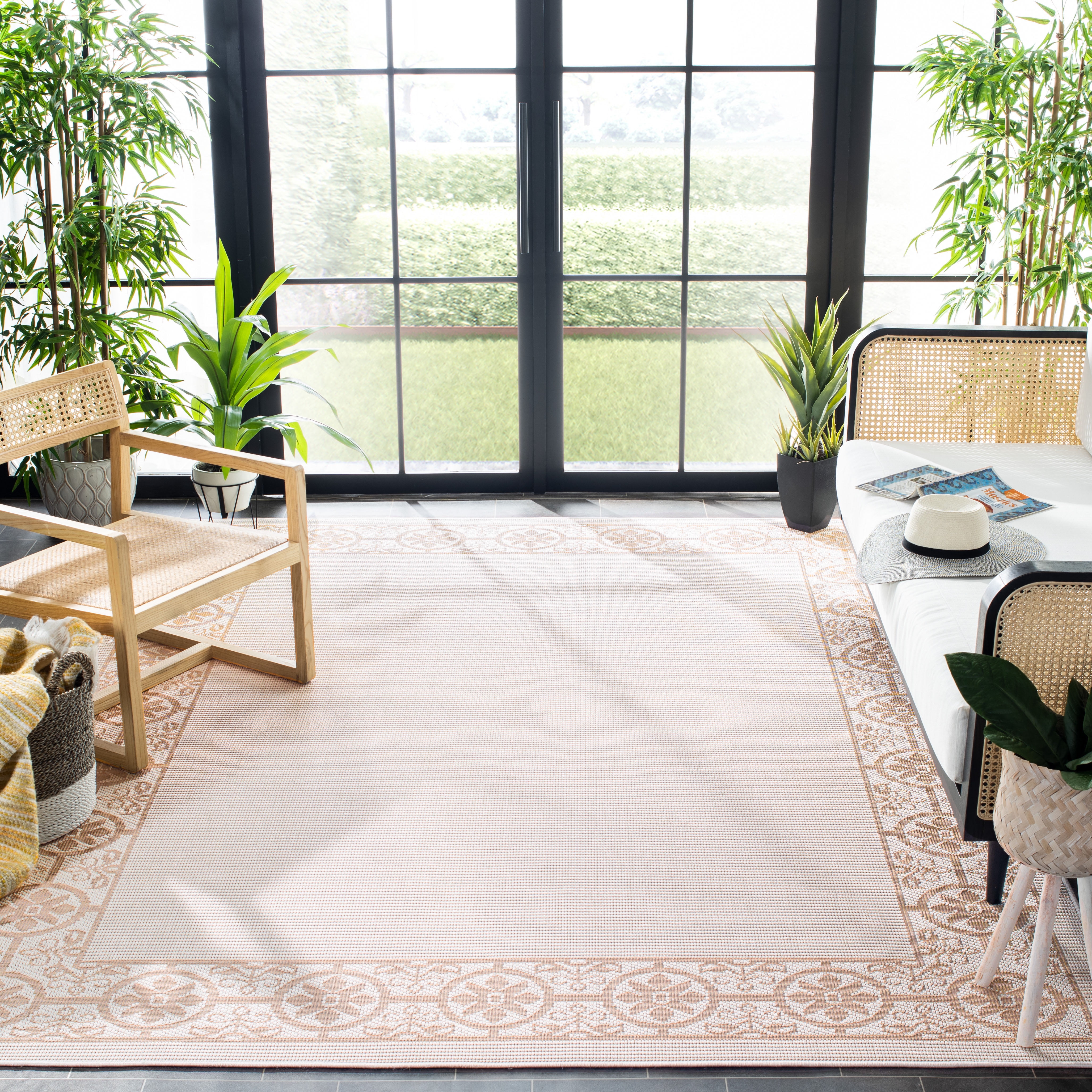 SAFAVIEH Machine Washable Rug Indoor/Outdoor Bermuda Collection - Bermuda Zoey Floral Bordered Indoor/Outdoor Area Rug Ivory/Beige, 9' x 12'