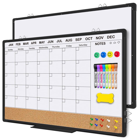 EAONE 36x24 in Double Side Whiteboard Calendar & Cork Board Combo for Wall, 3 in 1 Magnetic Dry Erase Whiteboard Monthly Calendar and Bulletin Board