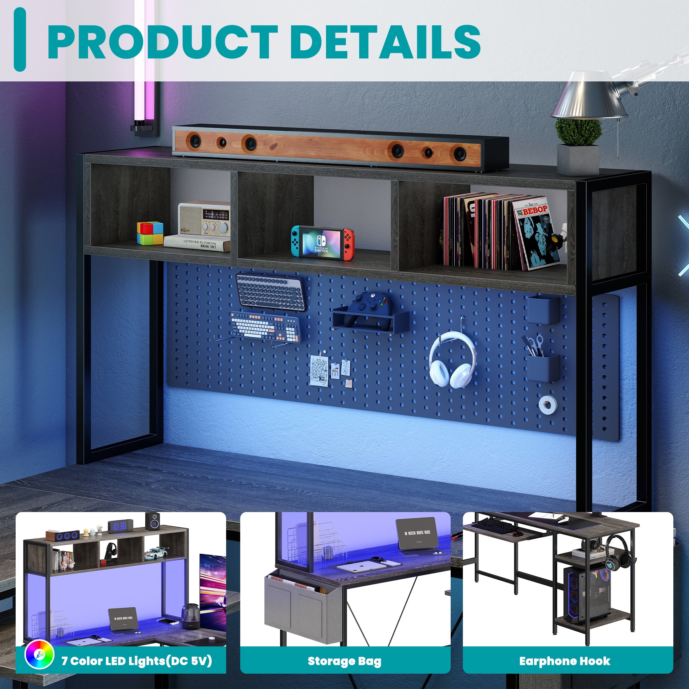 EDX 67'' L Shaped Computer Desk with LED Light, Shelf & Storage Bag & Keyboard Tray Corner Desk, Gray