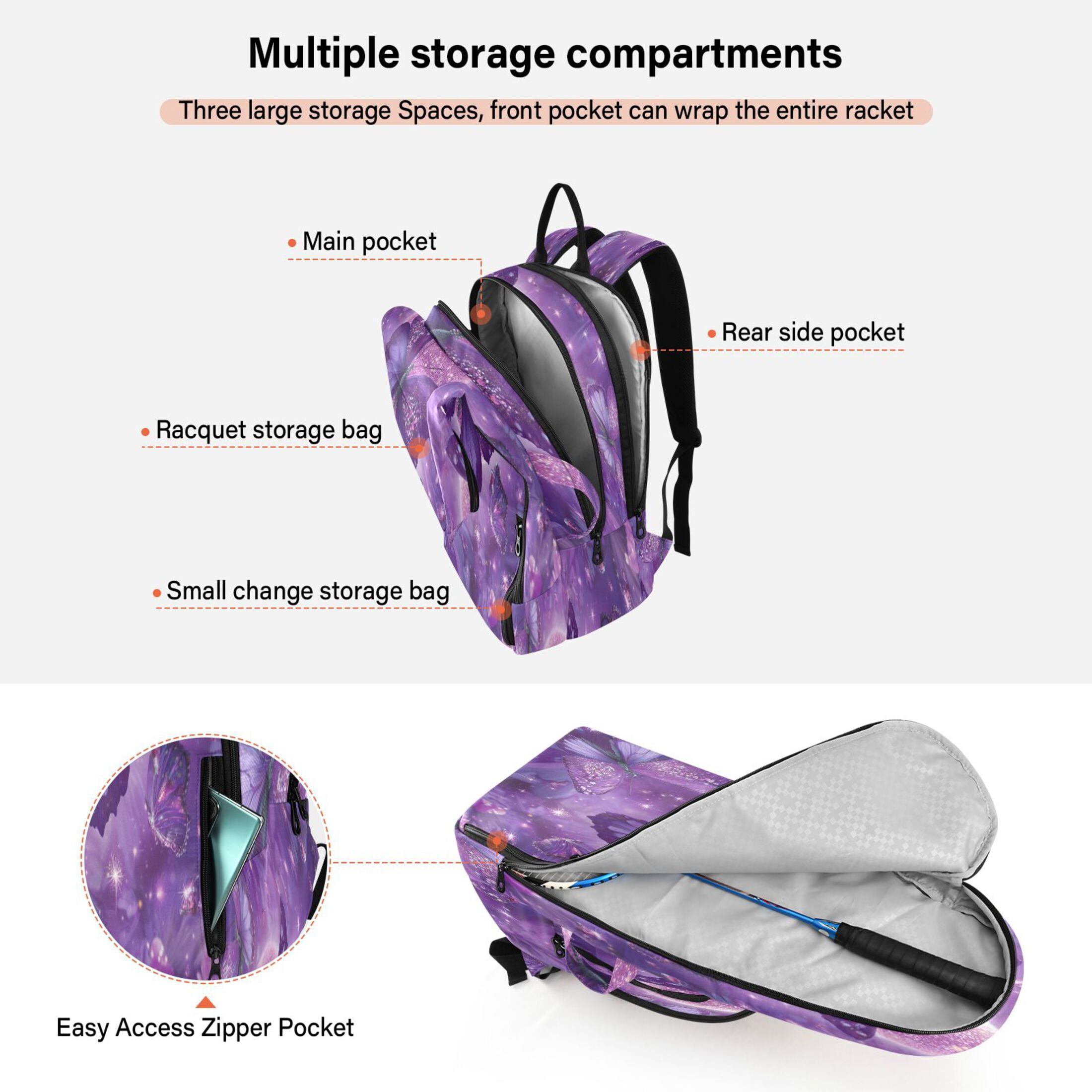 2 Racquet Holder Tennis Backpack Tennis Racket Covers Gym Bags Purple Diamond Butterfly