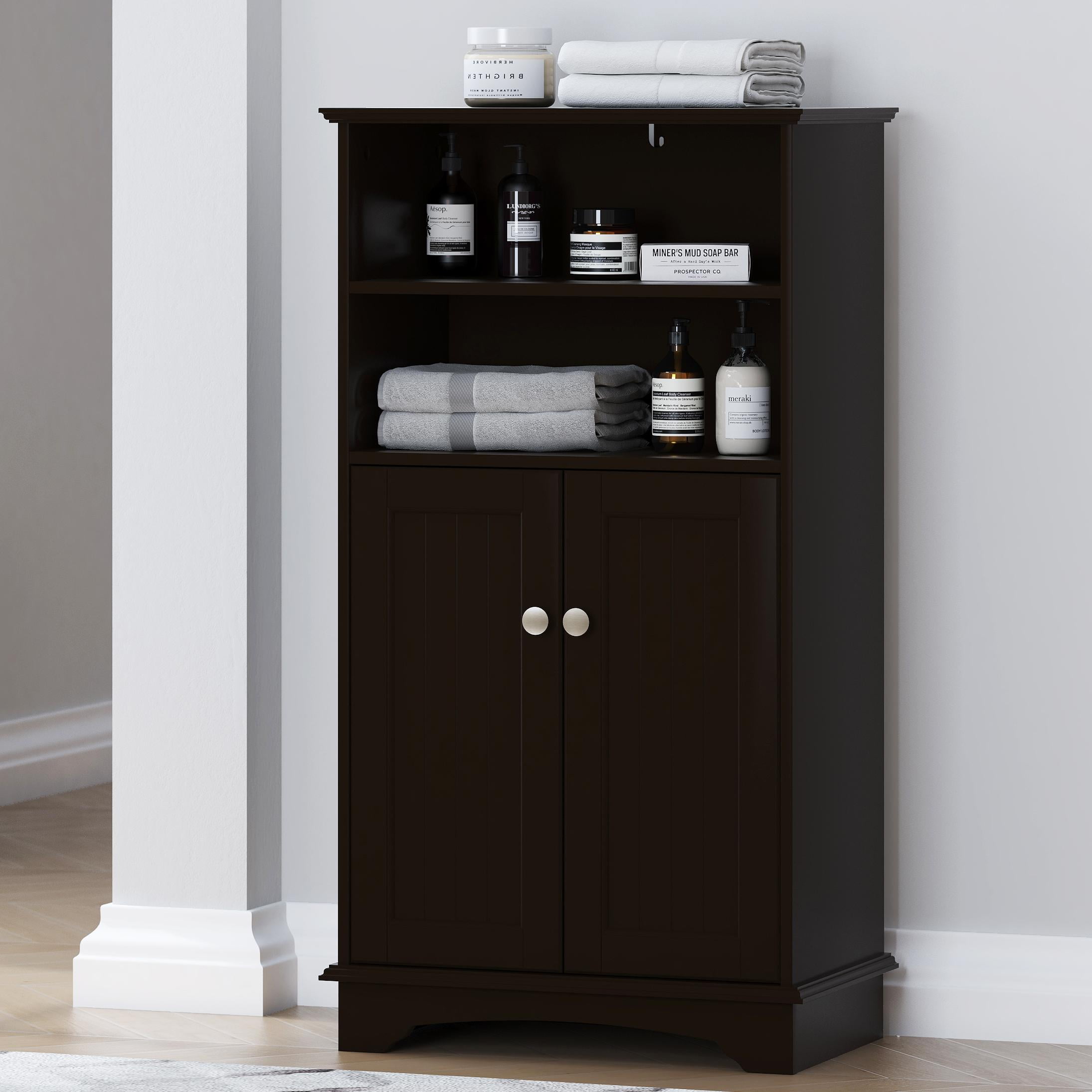 STAROUS  Bathroom Storage Cabinet - Wood Floor Cabinet with Double Doors Adjustable Shelf Free Standing Storage Organizer for Bathroom, Bedroom, Living Room (Espresso)