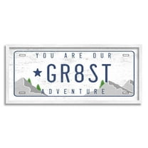 Stupell Industries Our Greatest Adventure Mountain Range License Plate Transportation Painting White Framed Art Print Wall Art, 10 x 24