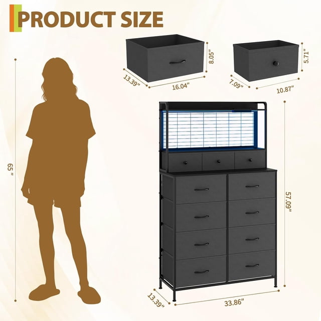 Commode Intelligente avec 11 Tiroirs en Tissu, Station de Recharge Intégrée avec Chargeur Sans Fil et Éclairage DEL RVB, Armoire de Rangement Industrielle Anti-Basculement pour Chambre, Gris Foncé Blanc Noir Brun