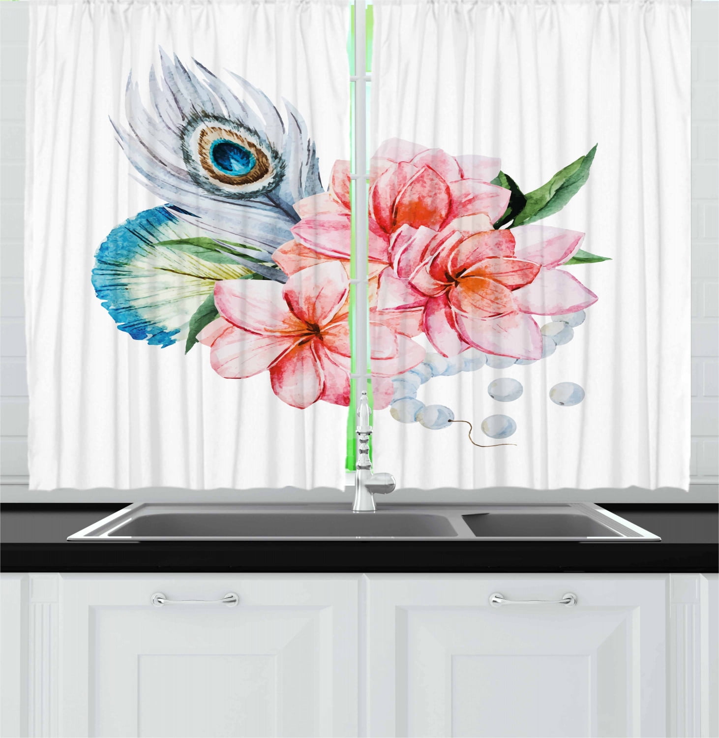 Shabby Chic Curtains 2 Panels Set, Watercolor Style Peony Anemone Flowers Peacock Feather and Beads Artful Image, Window Drapes for Living Room Bedroom, 55W X 39L Inches, Multicolor, by Ambesonne