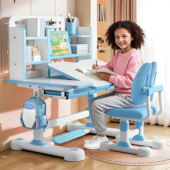 YNCE Kids Desk and Chair Set, Height Adjustable Children's Study Desk with Spacious Storage Drawer, Golden Distance Preventing Myopia Design for Kids
