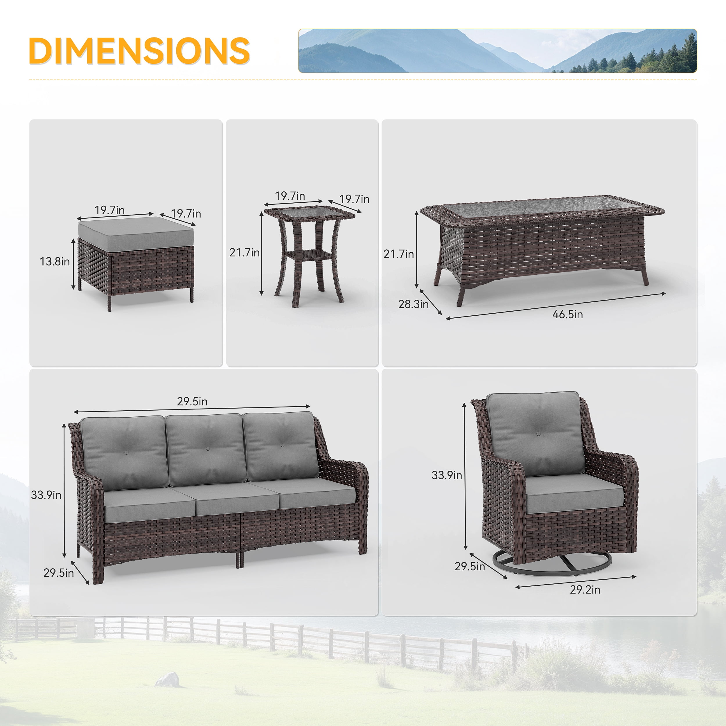 Gotland 5-Piece Outdoor Patio Furniture Set, 2 Wicker Swivel Chairs, 1 Side Table & 2 Ottomans, All-Weather Conversation Set for Backyard, Porch, Deck, Gray