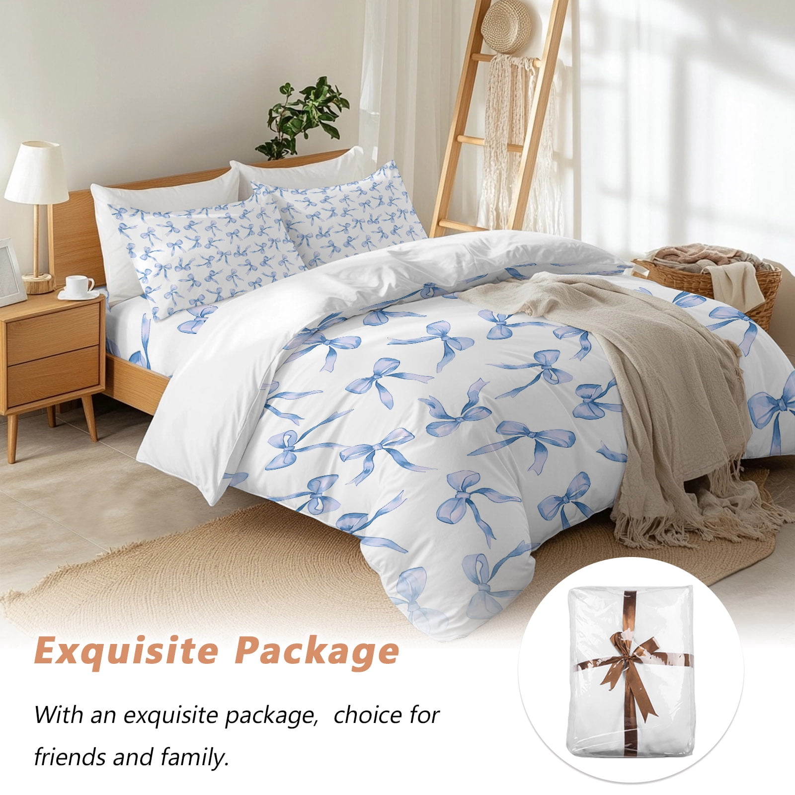 Blue Bow Queen Duvet Cover Set, Watercolor Bow 4 Piece Microfiber Bedding Set with Zipper Closure, Bed Sheet and 2 Pillow Shams, Soft Bedding Cover