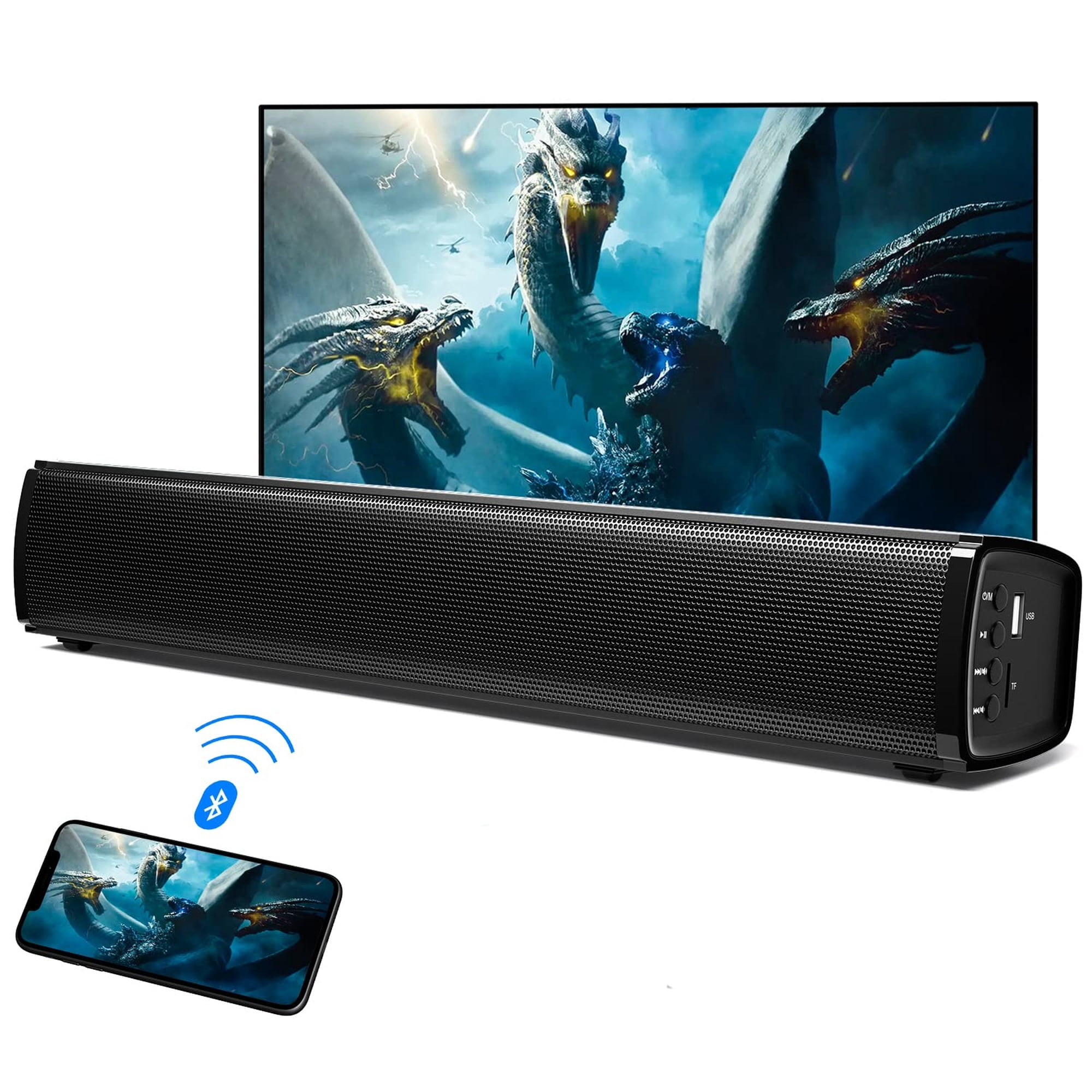 2.1 Channel Bluetooth 5.0 Soundbar with Deep Bass, Optical & AUX Inputs, Compact Wall-Mountable Sound Bar for TV, Home Theater & Gaming
