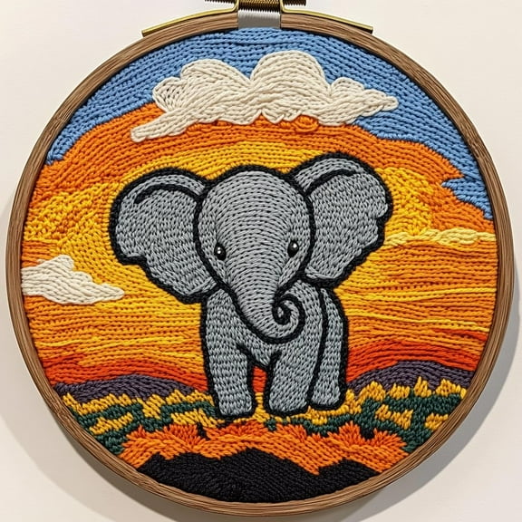 DIY Punch Needle Kits for Beginners Cartoon Grey Elephant Sunset with Hoop Embroidery Punch Needle Starter Craft Set Easy for Adults and Children Festival Gift and Decoration 20x20cm-3