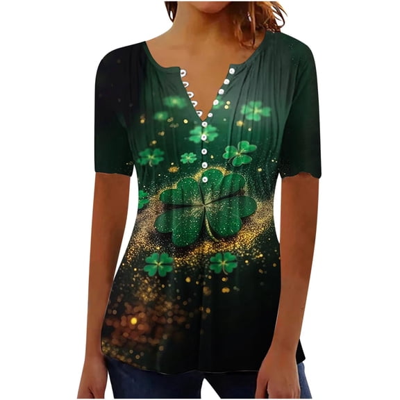 Womens Blouses,St Patricks Day Shirt Women Shamrock Short Sleeve Tops Casual Button V Neck Tunic Blouses Irish Green Outfits