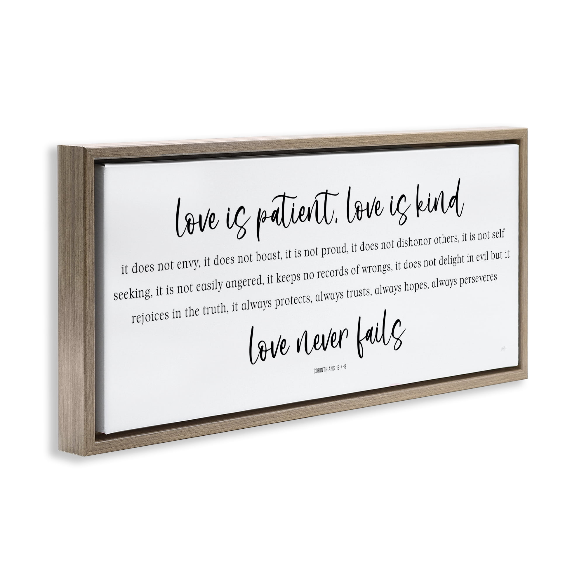 Stupell Industries Love Never Fails Proverb Brown Framed Floater Canvas Wall Art, design by Natalie Carpentieri