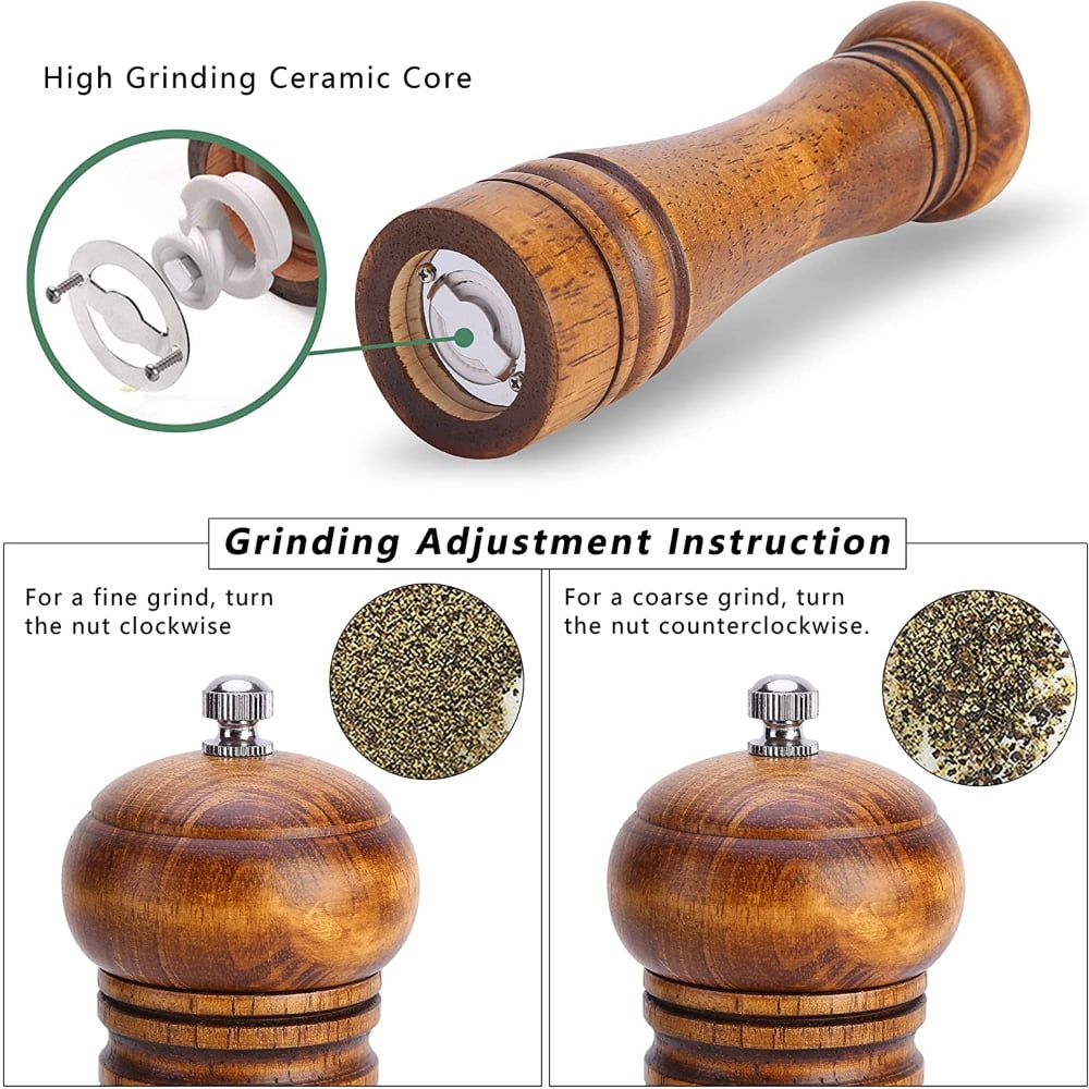 Dsseng Wood Pepper Grinder Pepper Mill, Adjustable Coarseness Wooden Peppermill Easy to Refill Oak Peppercorn Grinder for your kitchen 8 Inches