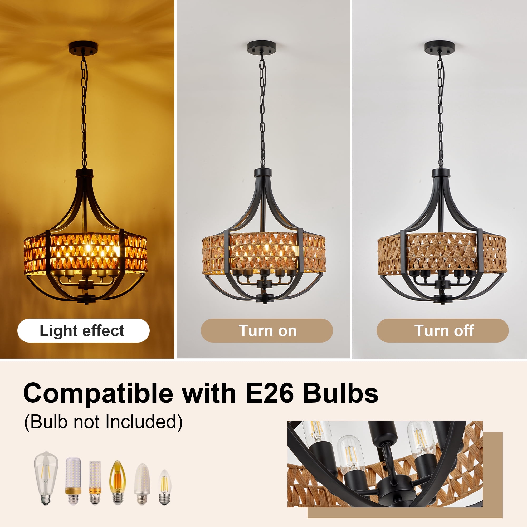 Leumius Rattan Chandelier, 5-Light Boho Chandelier with Natural Woven Reed Shade, Farmhouse Hanging Ceiling Light Pendant Light for Dining Room, Living Room, Foyer, Bedroom Hallway
