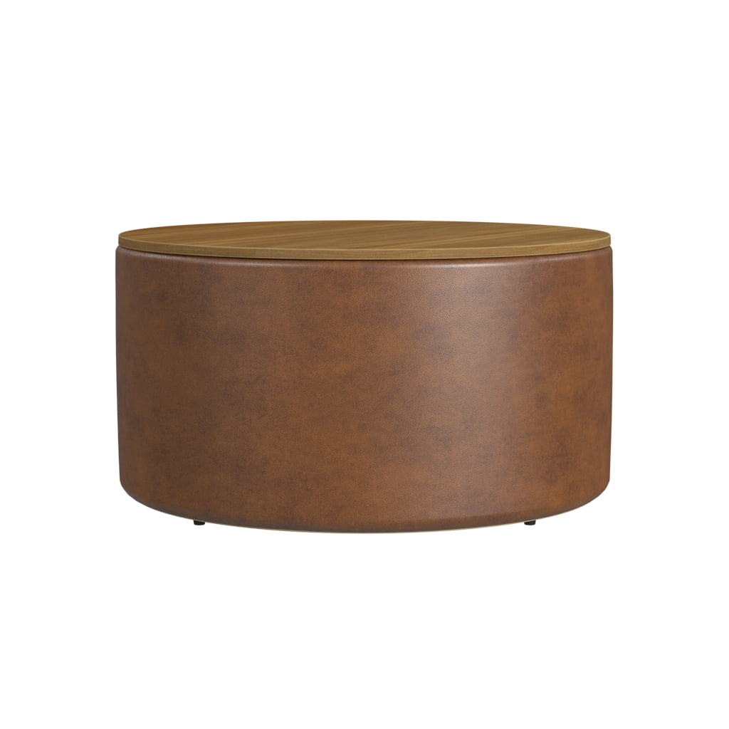 HomePop Large Modern Round Storage Ottoman with Wood Lift-Top Lid, Brown Faux Leather/Honey Oak