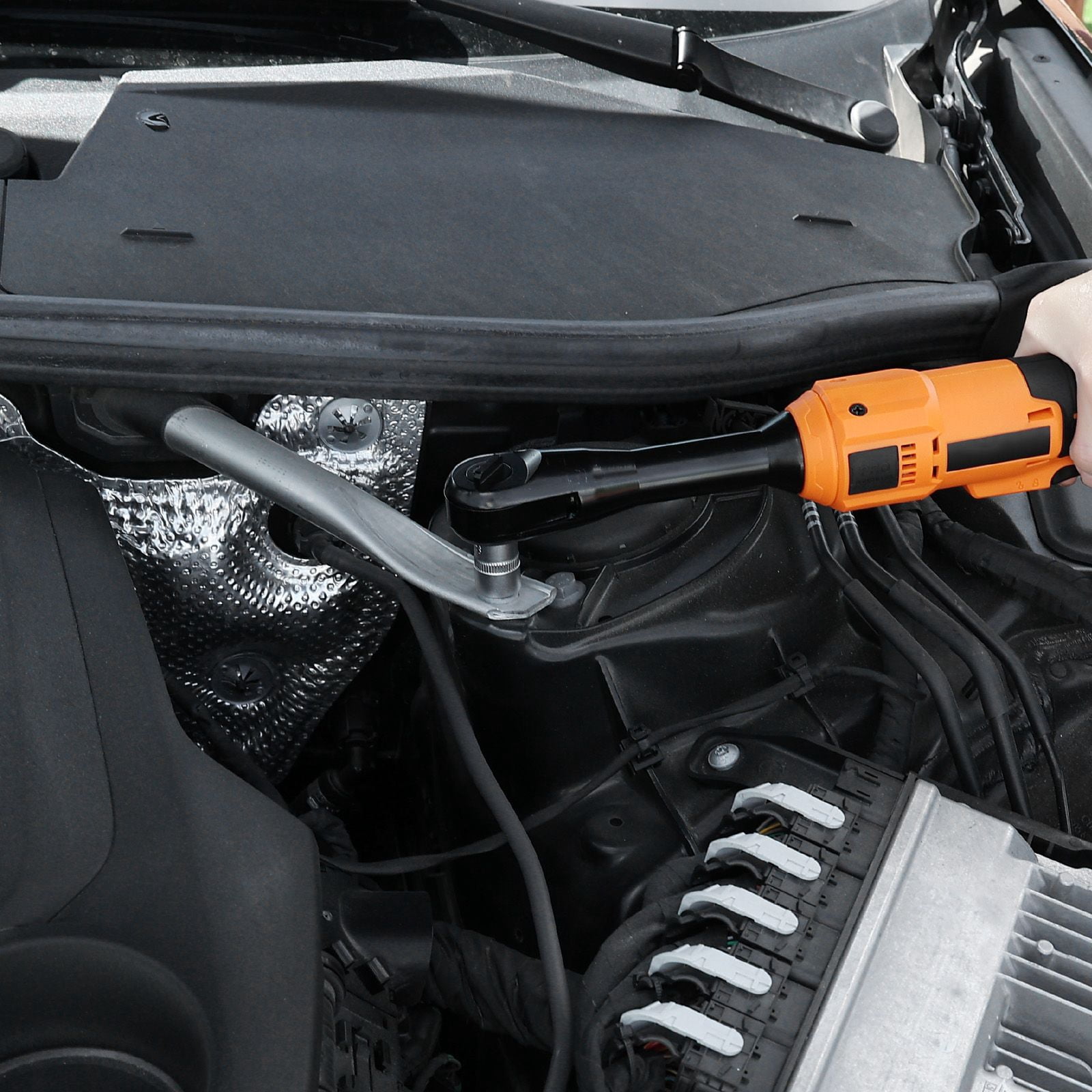Cordless Ratchet Wrench 3/8" with 66 ft-lbs Torque, 230 RPM, Dual 2000mAh Batteries, LED Light, for Automotive Mechanical Work