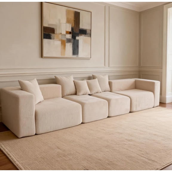117” Boneless Cloud Couch,Sectional Modern 4 Seater L-Shaped Sleeper Sofa Couches,No Assembly Modular Corduroy Convertible Sponge Compression Sofas with Chaise and Ottoman for Living Room(Beige)