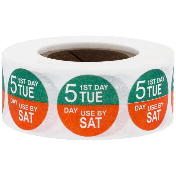 Tuesday Dissolvable 5 Day Food Rotation Preparation Shelf Life Circle Stickers, 0.75 Inch Round, 500 Labels on a Roll