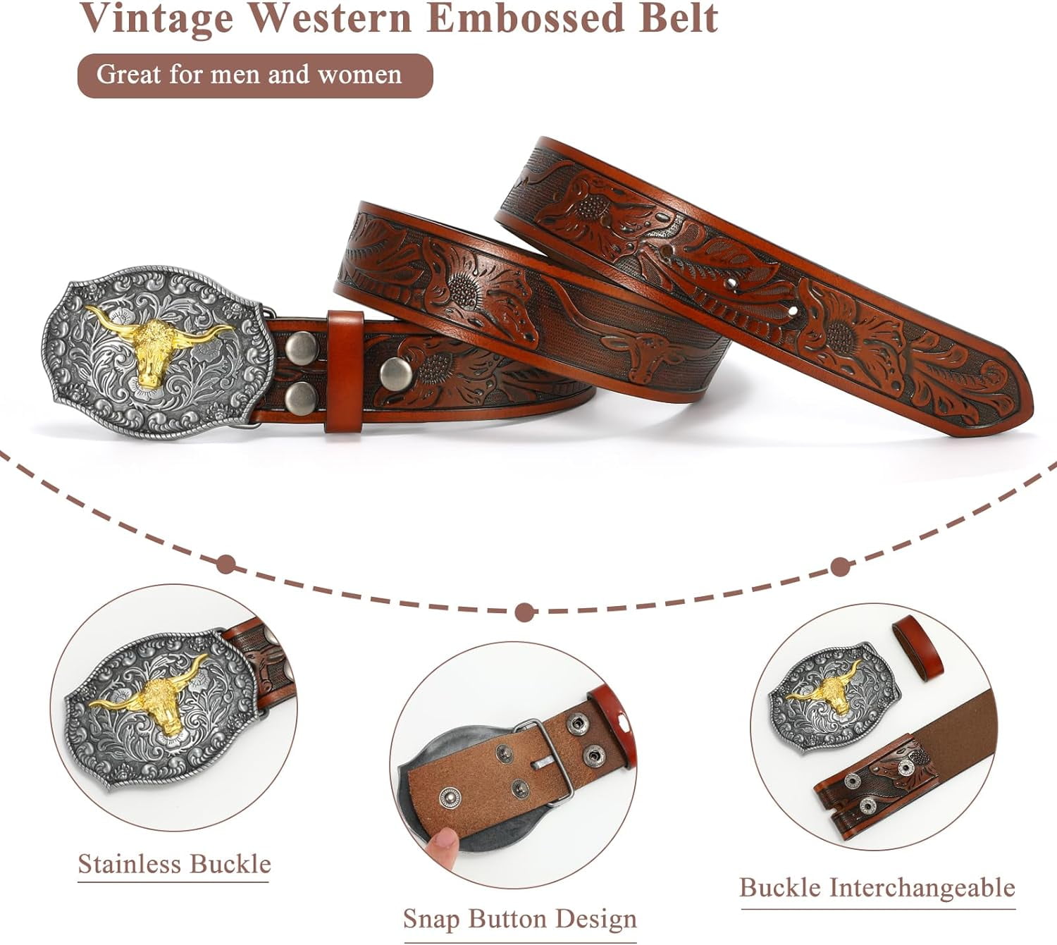 Western Leather Buckle Belt for Men Women Floral Engraved 