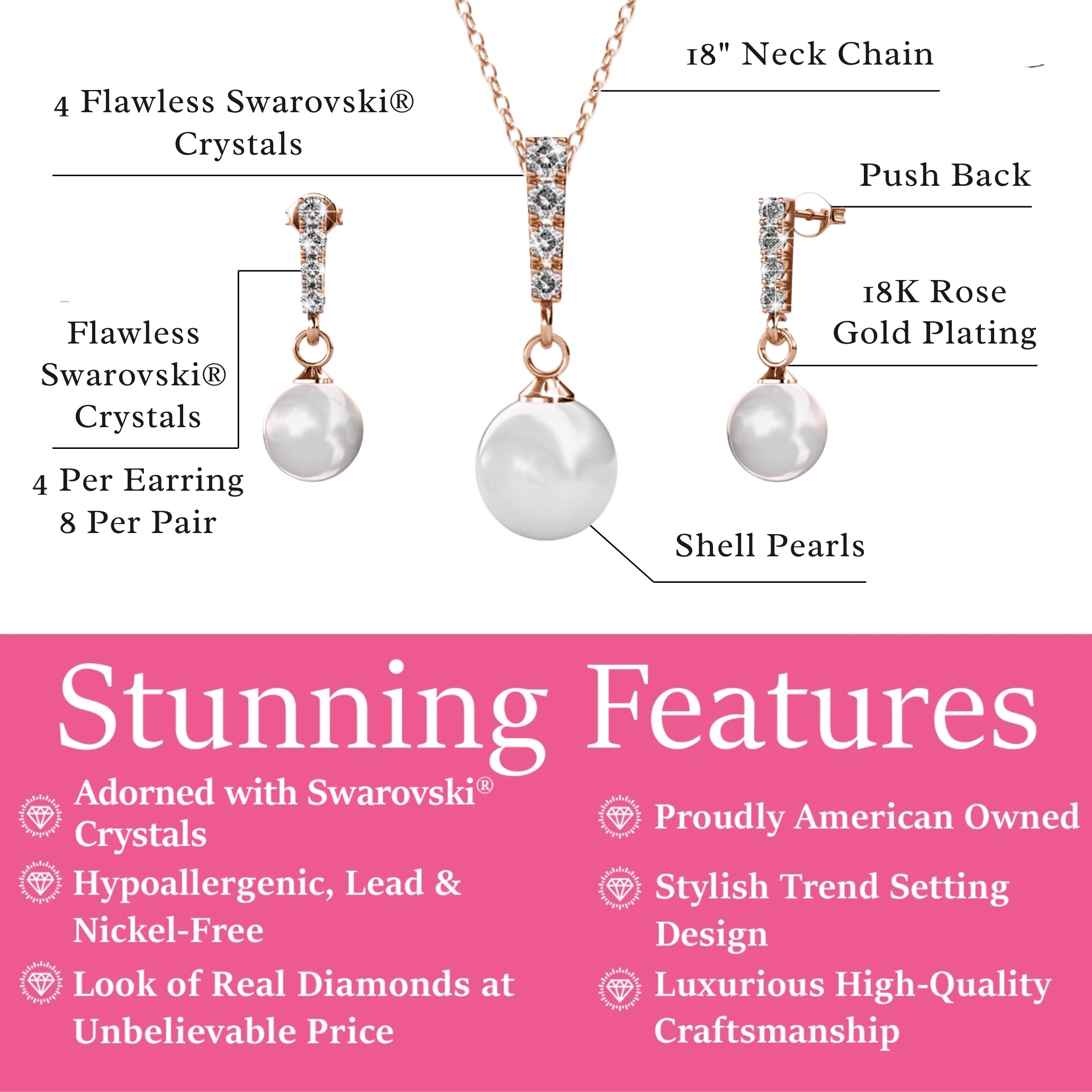 Cate & Chloe Gabrielle 18k Rose Gold Plated Shell Pearl Jewelry Set with Swarovski Crystals for Women
