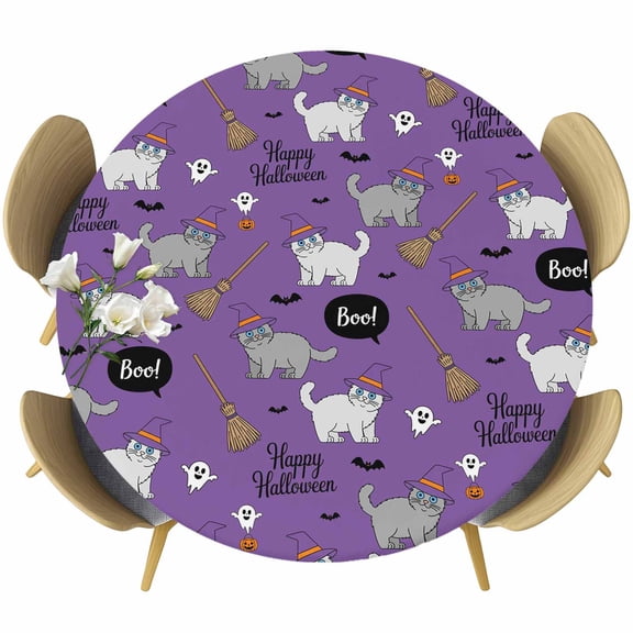 Purple Halloween Round Tablecloth, Fitted Table Cover with Elastic for 45"-54" Round Tables, Cat Bat Ghost Pumpkins Table Cloth Outdoor Indoor Dinning Party Waterproof Tablecloths