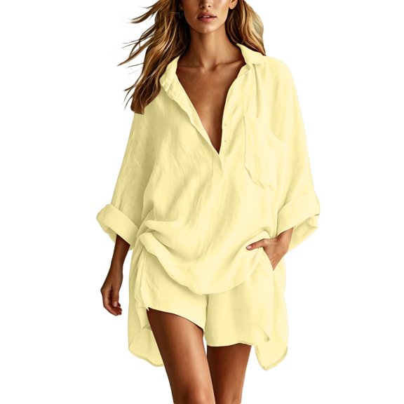 Telankuip Summer Casual Short Sets Womens Two Piece Outfits Relaxed Fit Button down Long Sleeve Chiffon Shirts and Baggy Wide Leg Shorts Stylish Pure Color Vacation Matching Sets Yellow XL
