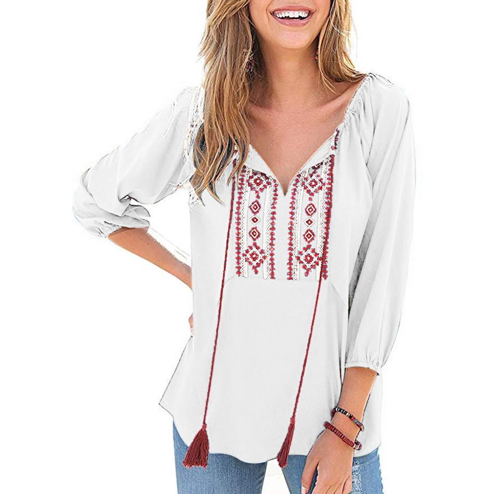 Pink Queen Women's Boho Ethnic Mexican Embroidery Hippie Loose Tunic