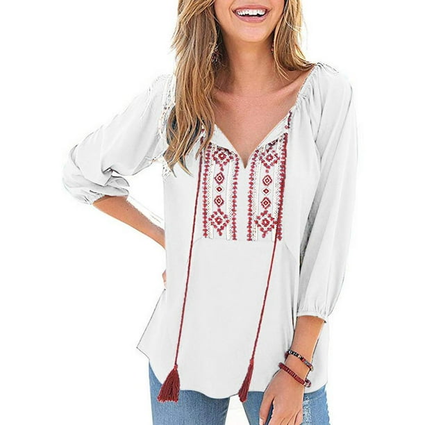 Pink Queen Womens Boho Ethnic Mexican Embroidery Hippie Loose Tunic