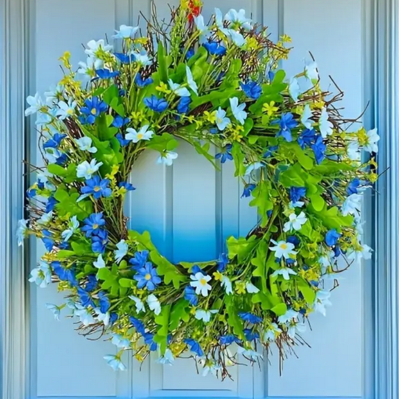 Farship Spring Wreath 18" Wildflower Wreaths for Front Door  Indoor Outdoor Home Decor with Blue Green Leaves Spring and Summer Wreath for Wall Window Room Farmhouse