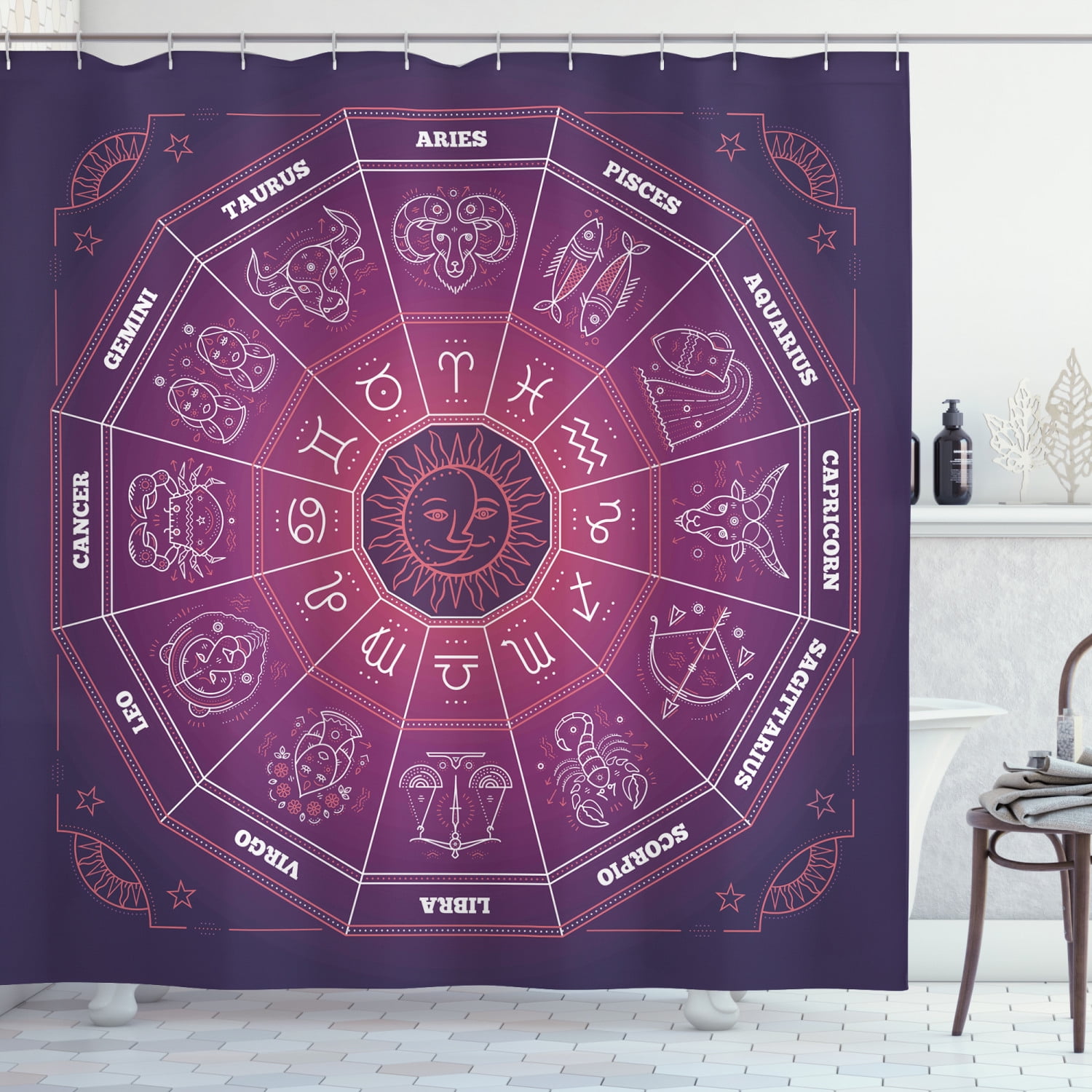 Zodiac Decor Shower Curtain, Colorful Circle Regarding Position of
