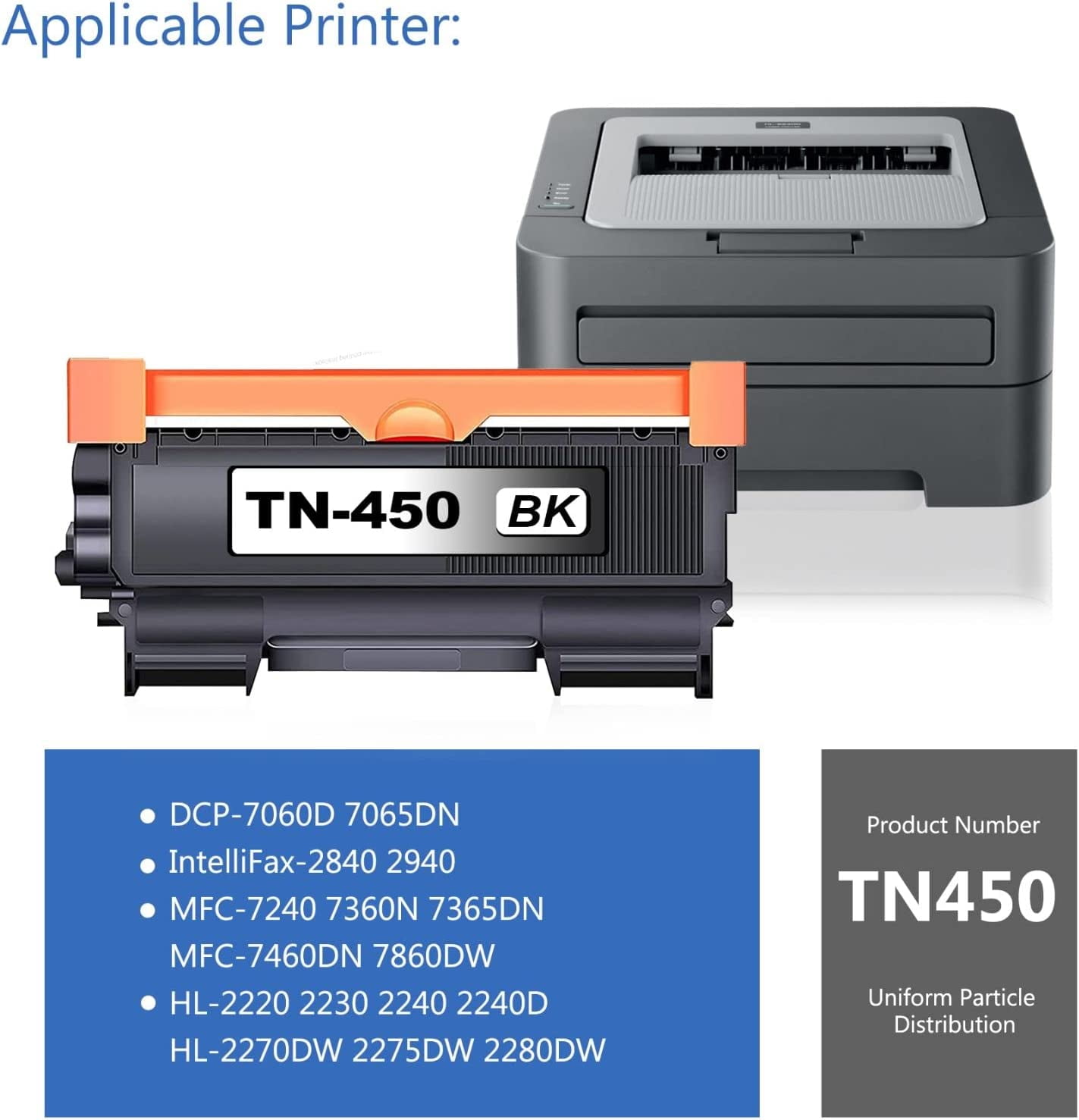TN450 1 Pack Black Toner Cartidge Replacement for Brother DCP-7060D Printer -