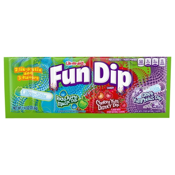 FUN DIP Three Flavor Dip Candy, Grape Yumptious Dip, Cherry Yum Diddly Dip & RazzApple Magic Dip, 1.4 oz Pouch