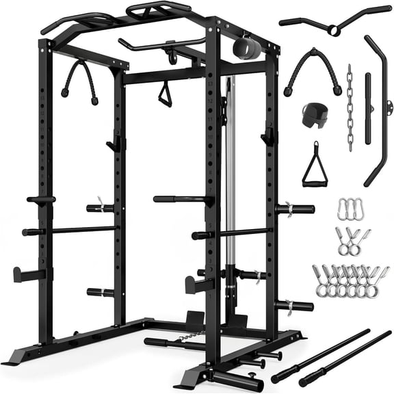 Power Rack Power Cage with LAT Pulldown Attachment and Pull Up Bar,2000LBS Squat Rack for Home Gym