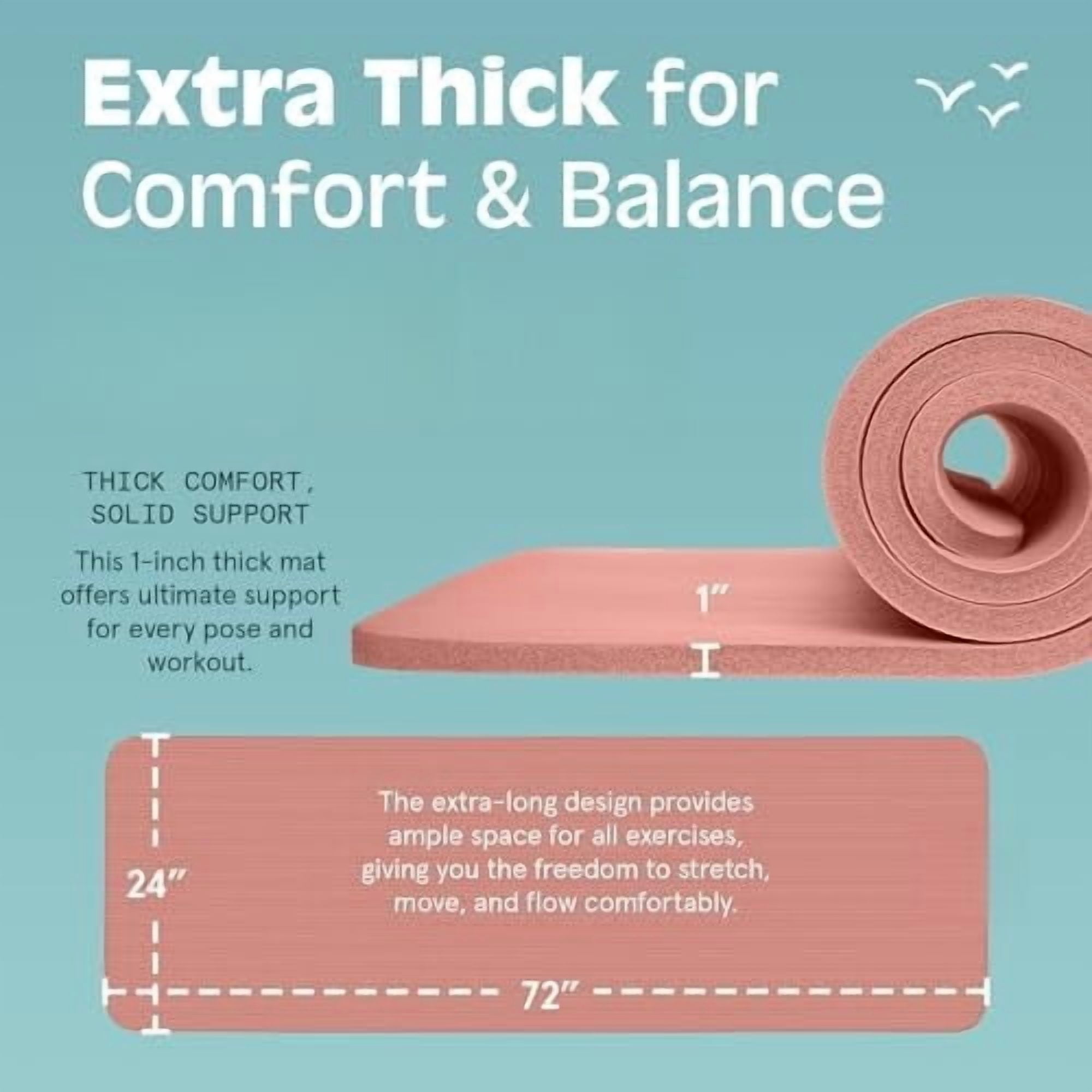 Solana Yoga Mat 1" Thick w/Nylon Strap for Men & Women - Non Slip Exercise Mat for Home Yoga, Pilates, Stretching, Floor & Fitness Workouts Rose,1 inch