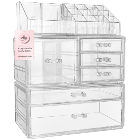 Sorbus Large Clear Makeup Organizer with 6 Drawers & 16 Slots, 3-Piece Detachable Storage