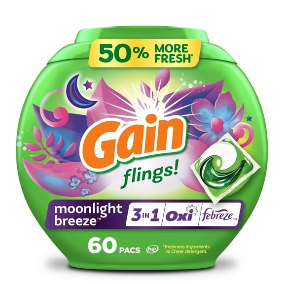 Gain Flings 3-in-1 Oxi Boost and Febreze Laundry Detergent Pacs, Moonlight Breeze Scent, 60 Count