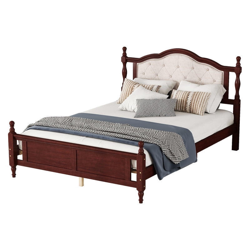 Duxelifin Queen Size Bed Frame with Upholstered Headboard and Footboard, Wood Platform Bed with Bed Rail Support Feet, Wood Slat Support, No Box Spring Needed, Cherry