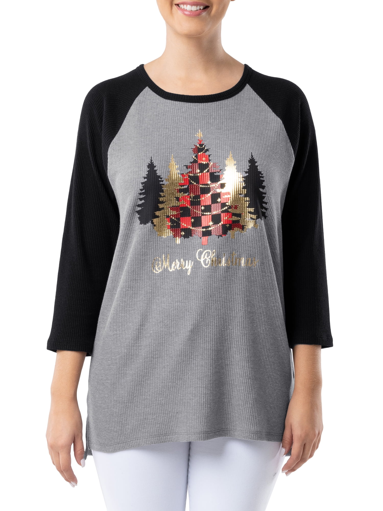 Holiday Time Women's and Women's Plus Christmas Raglan Long Sleeve Graphic T-Shirt