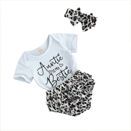 

Baby Girls 3Pcs Summer Outfits Short Sleeve Letter Print Romper + Leopard Bloomers