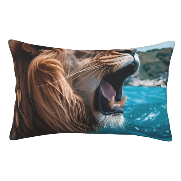 Fotbe Ice Blue Coastal Lion Funda de Almohada Decorativa Estilo Occidental, Lujo en Algodón, Fundas para Almohadas King, Cojín Estampado para Decoración del Hogar-14"x20"
