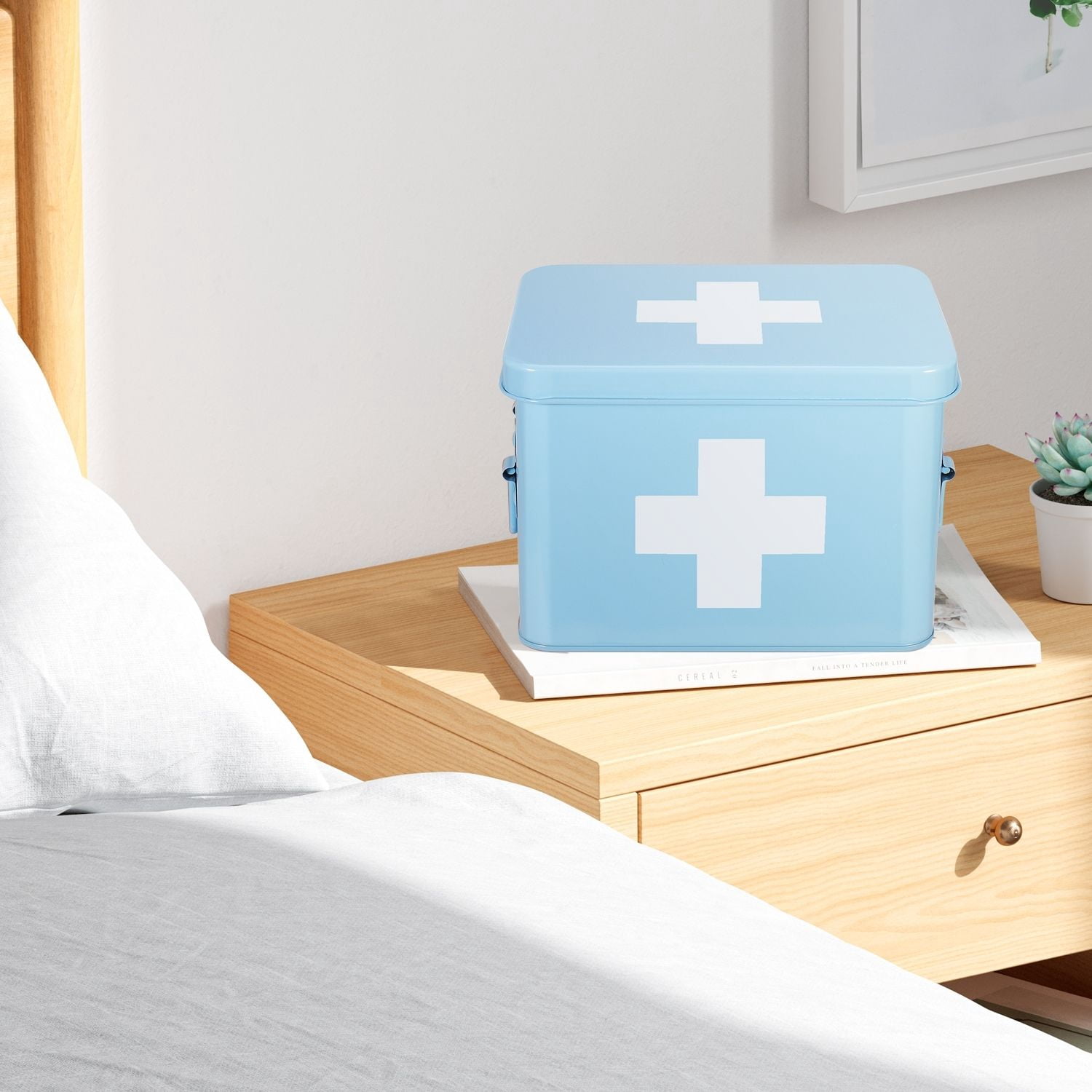 First Aid Medicine Box Supplies Kit Organizer - 8.6" Blue Metal Tin Medic Bin Hard Case with Removable Tray, Handle, Storage Compartment, Vintage Antique Empty Boxes for Home Family Emergency Tool
