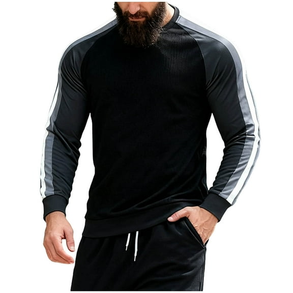 Timoontee Long Sleeve Shirts for Men Crewneck Pullover Spring Fall Casual Stripes Sweatshirts Loose Athletic Tops for Running Mountain Gym Workout Black S