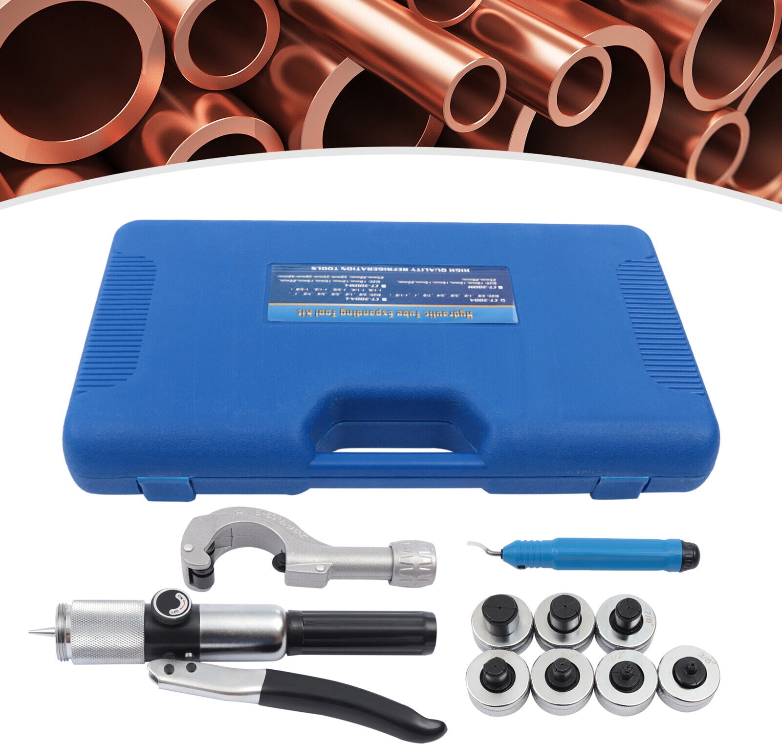 Hydraulic Tube Expander Kit – 7 Expander Heads (3/8''-1-1/8'') | Manual HVAC Copper Pipe Expanding Tool with Tube Cutter & Deburring Tool