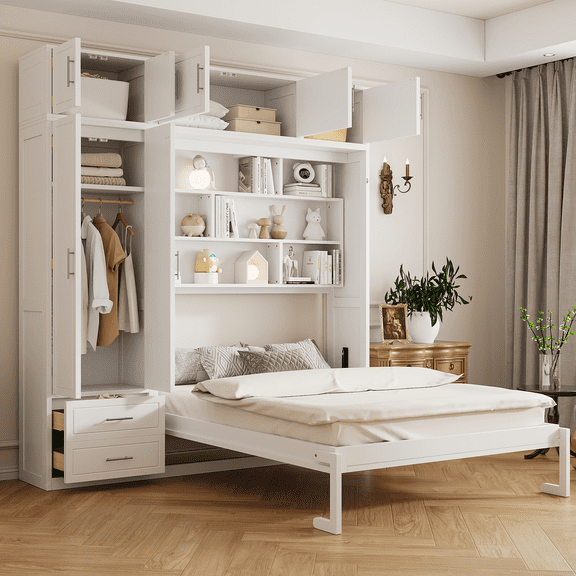 Mintazer Queen Size Murphy Wall Bed with Cabinets & Open Bookshelf, All-in-One Foldable Cabinet Bed with Side Wardrobe & 2 Storage Drawers for Small Apartment Guest Room Home Office, White