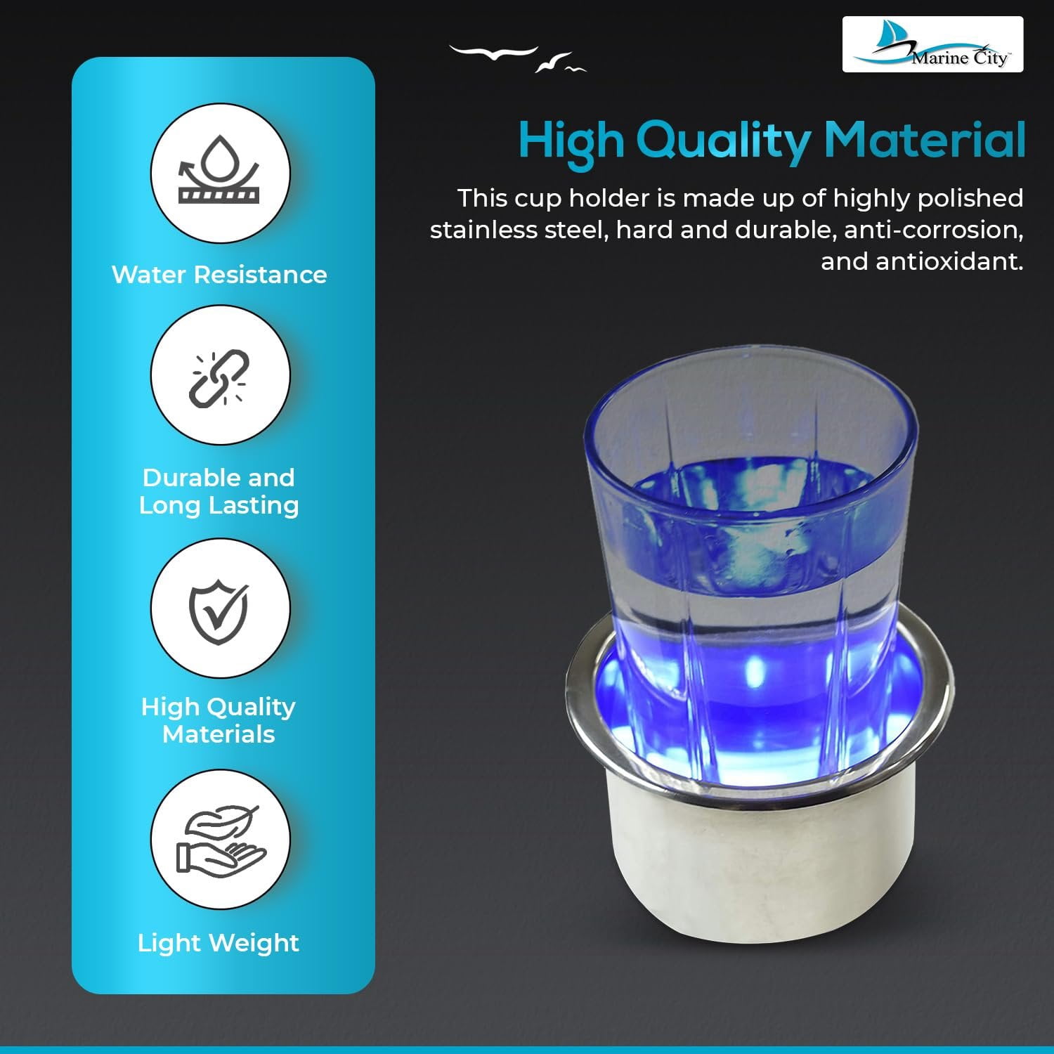 Marine City Drink Cup Holder with Drain, 304 Stainless Steel, 8 Blue LED Lights, Corrosion-Resistant Easy Installation, for Boats Yachts Ships Kayaks, 2-Pack