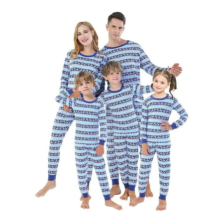 

FOCUSNORM Family Matching Christmas Pajamas Set Stripe Long Sleeve T-Shirt + Long Pants Sleepwear for Adults Kids Blue