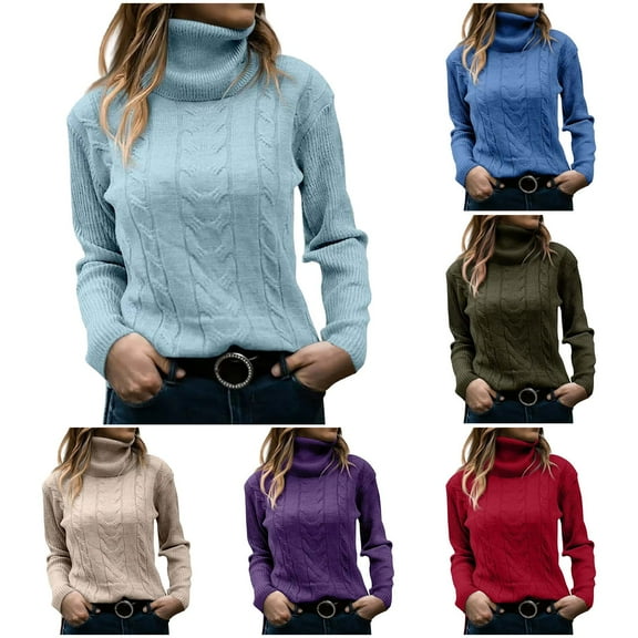 LOVZFMLL Women's Sweaters Acrylic Turtleneck Cable Knit Pullover Solid Color Basic Casual Undershirt Relaxed Fit Tops Warm Fall Winter Clothes