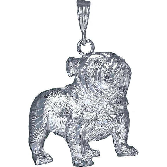 Sterling Silver Bulldog Charm Pendant Necklace with Diamond Cut Finish and 24 Inch Figaro Chain