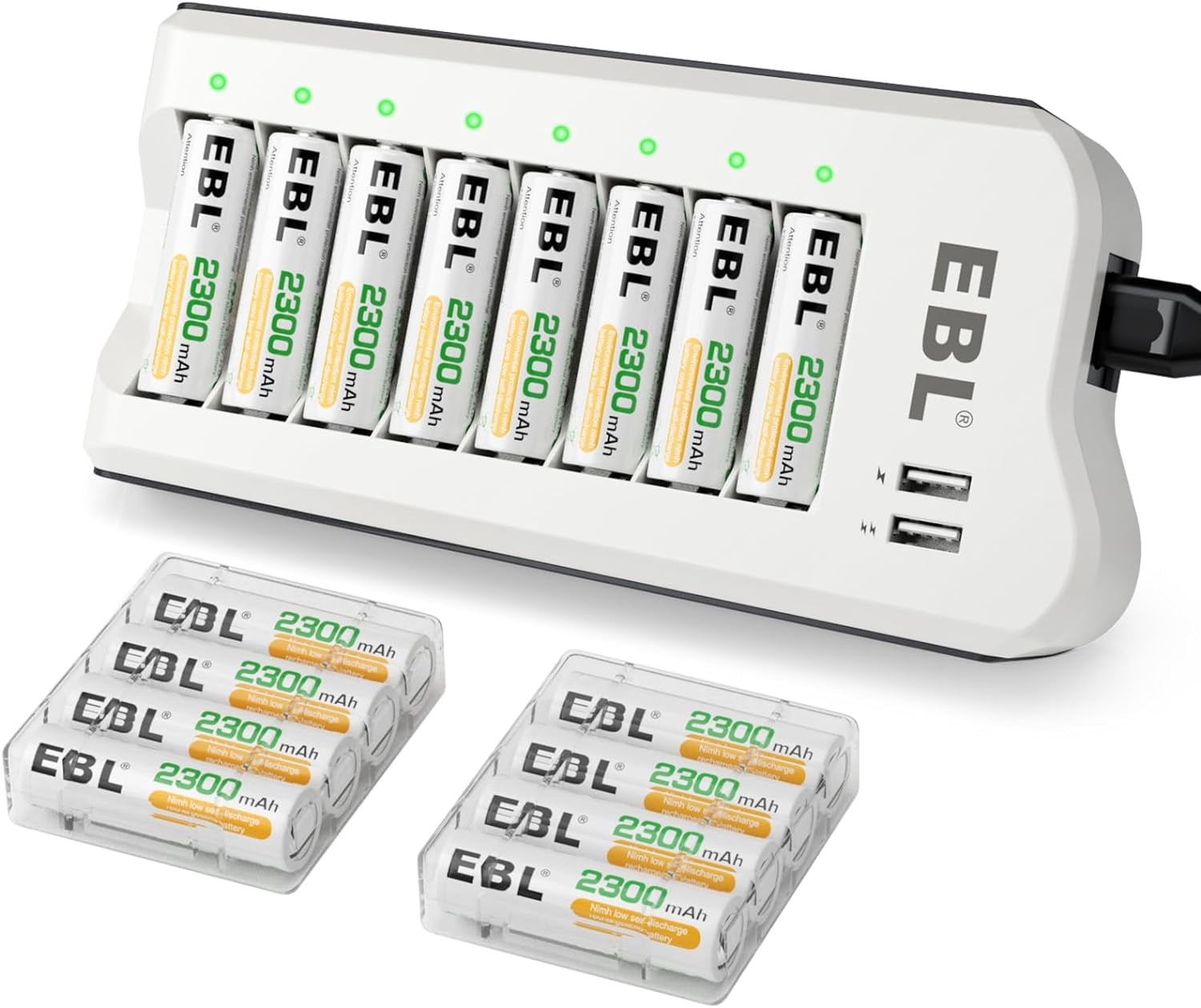 EBL 2300mAh Ni-MH AA Rechargeable Batteries (16 Pack) 1.2V and Rechargeable AA AAA Battery Charger with 2 USB Charging Ports